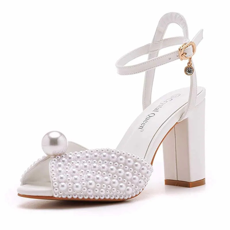 3.74" Chunky Wedding Sandals Vintage Peep Toe Block Heeled Bridal Shoes