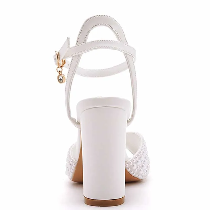 3.74" Chunky Wedding Sandals Vintage Peep Toe Block Heeled Bridal Shoes