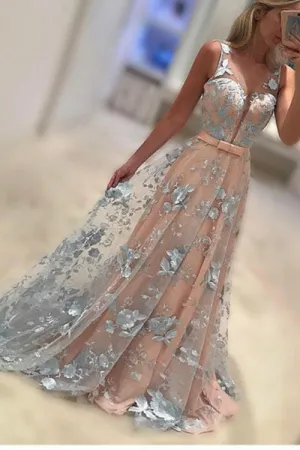 A-Line Bateau Sweep Train Coral Lace Prom Dress with Bowknot C020