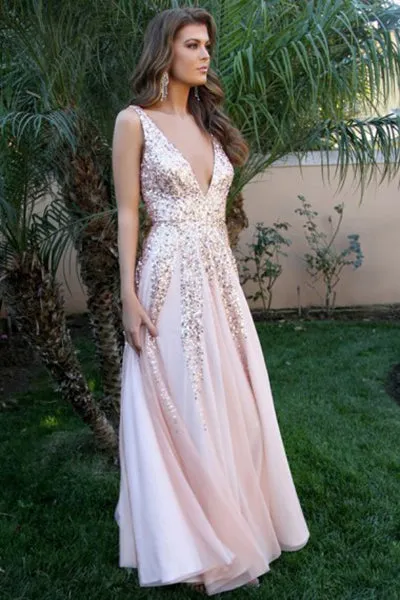 A-Line Deep V-Neck Floor-Length Pink Tulle Backless Prom Dress with Sequins L005