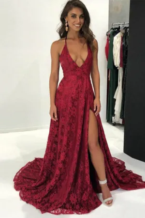 A-Line Deep V-Neck Sweep Train Dark Red Split Sleeveless Lace Backless Prom Dress C016