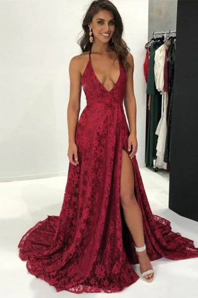 A-Line Deep V-Neck Sweep Train Dark Red Split Sleeveless Lace Backless Prom Dress C016