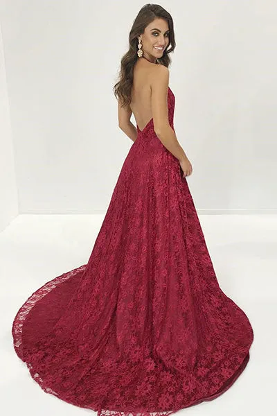 A-Line Deep V-Neck Sweep Train Dark Red Split Sleeveless Lace Backless Prom Dress C016