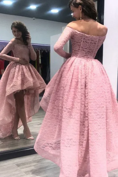 A-Line Off-the-Shoulder High Low Asymmetrical Pink Long Sleeves Lace Prom Dress L022