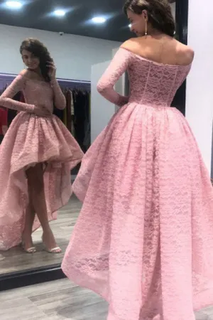 A-Line Off-the-Shoulder High Low Asymmetrical Pink Long Sleeves Lace Prom Dress L022