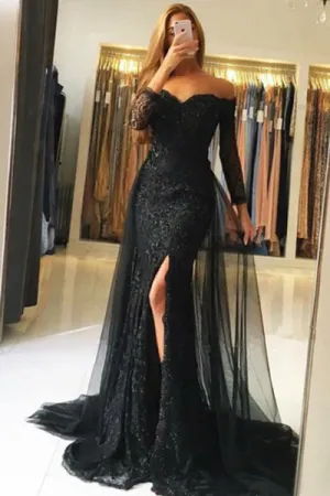 A-Line Off-the-Shoulder Long Sleeves Black Tulle Prom Dress with Lace Sequins L012