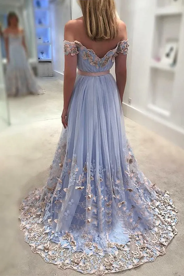 A-Line Off-the-Shoulder Sweep Train Blue Tulle Prom Dress with Appliques L003
