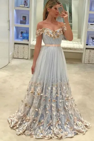 A-Line Off-the-Shoulder Sweep Train Blue Tulle Prom Dress with Appliques L003