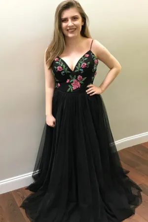A-Line Spaghetti Straps Sweep Train Black Tulle Sleeveless Prom Dress with Beading C012