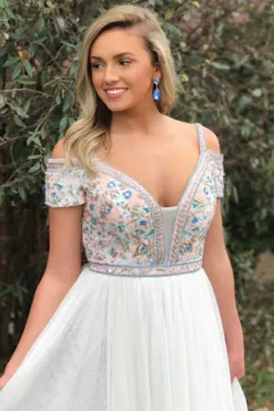 A-Line Square Sweep Train Cold Shoulder Empire White Tulle Prom Dress with Embroidery L018