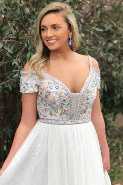 A-Line Square Sweep Train Cold Shoulder Empire White Tulle Prom Dress with Embroidery L018