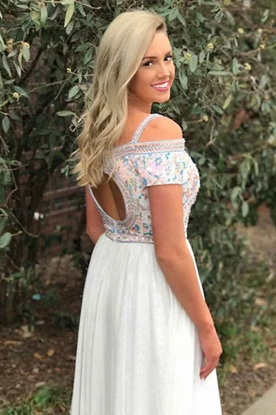 A-Line Square Sweep Train Cold Shoulder Empire White Tulle Prom Dress with Embroidery L018