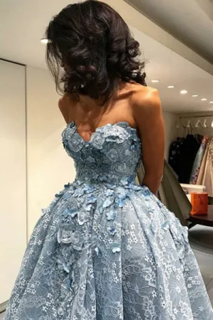 A-Line Sweetheart High Low Blue Lace Sleeveless Prom Dress with Appliques C024