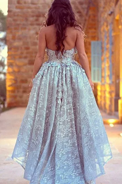 A-Line Sweetheart High Low Blue Lace Sleeveless Prom Dress with Appliques C024