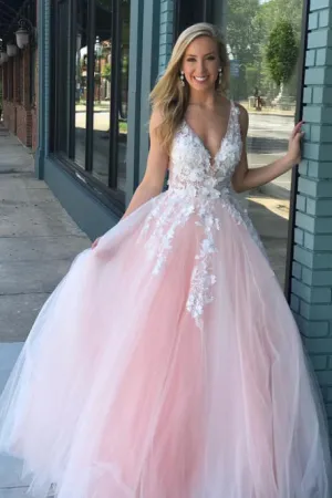 A-Line V-Neck Floor-Length Pink Prom Dress with Appliques Pearls OVR002