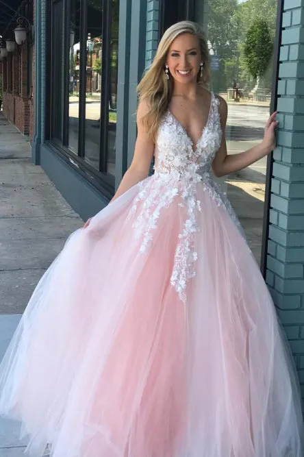 A-Line V-Neck Floor-Length Pink Prom Dress with Appliques Pearls OVR002
