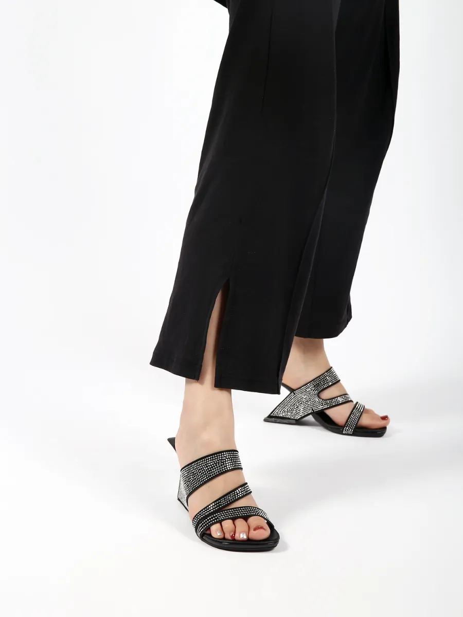 Amadea Rhinestone Black Leather Heel
