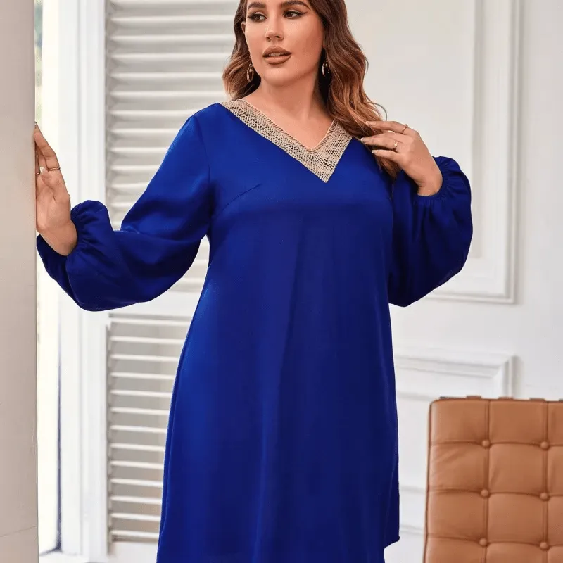 Amara V-Neck Embellished Plus Size Long Sleeve Mini Dress