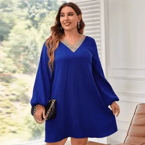 Amara V-Neck Embellished Plus Size Long Sleeve Mini Dress