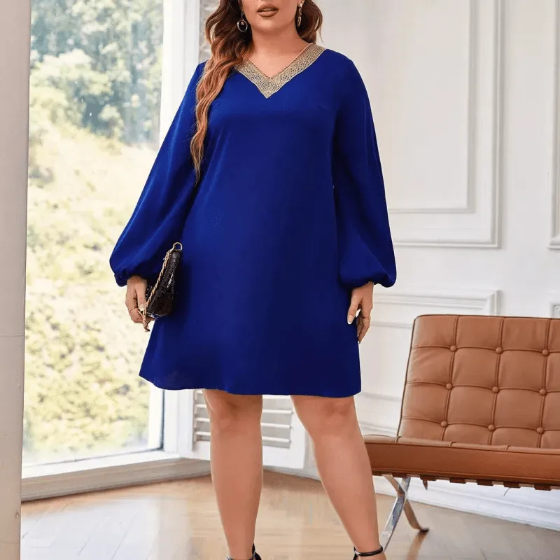 Amara V-Neck Embellished Plus Size Long Sleeve Mini Dress