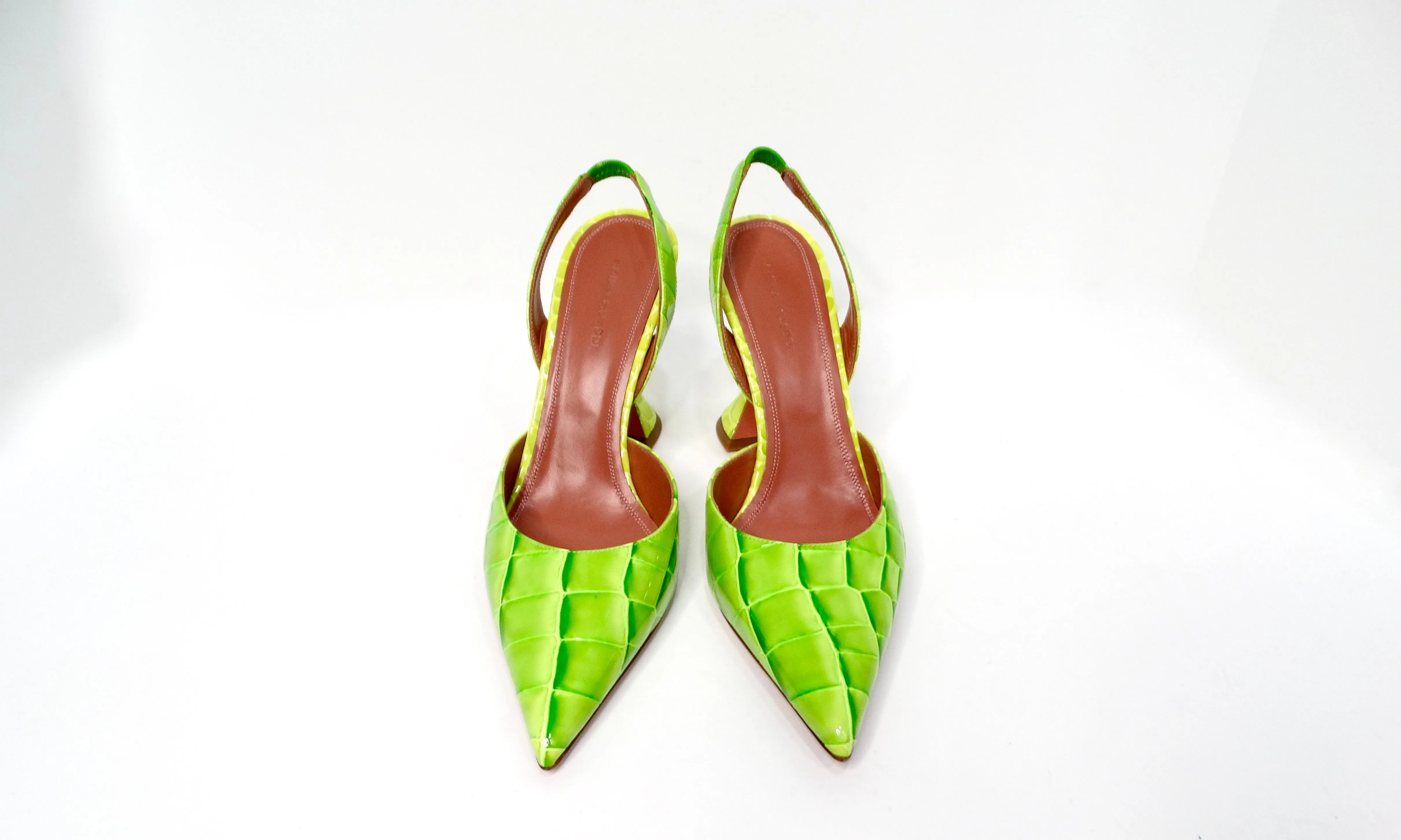 Amina Muaddi Begum Neon Green Croc Embossed Patent Leather Slingback Pumps