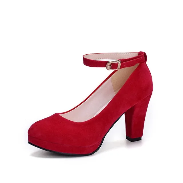 Autumn High Heels Women Pumps Platform Suede Shoes Women Ankle Strap Thick Heeled Ladies Shoes Comfortable Working Shoes WSH3166
