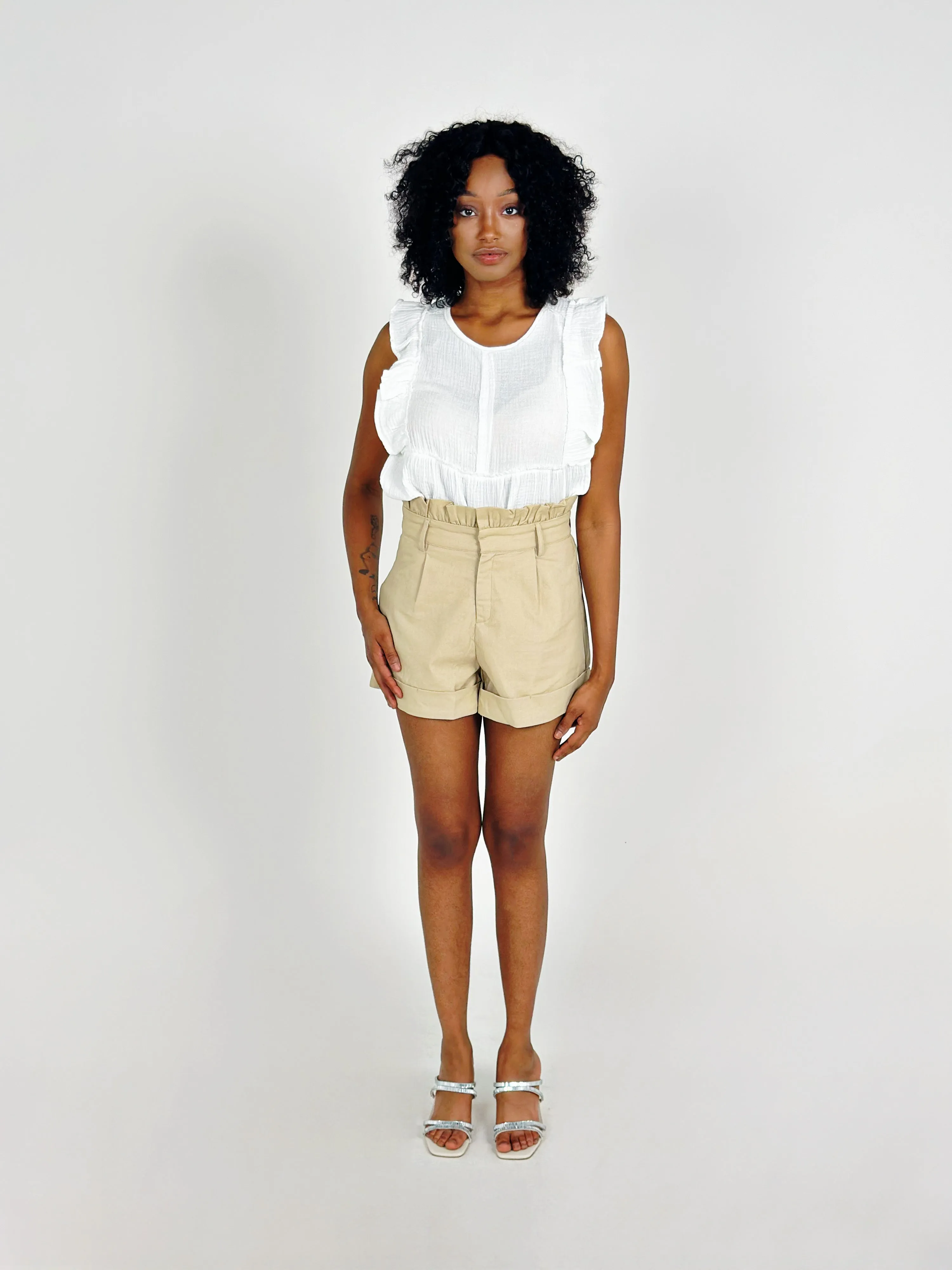 Beige High Ruffle Waist Shorts