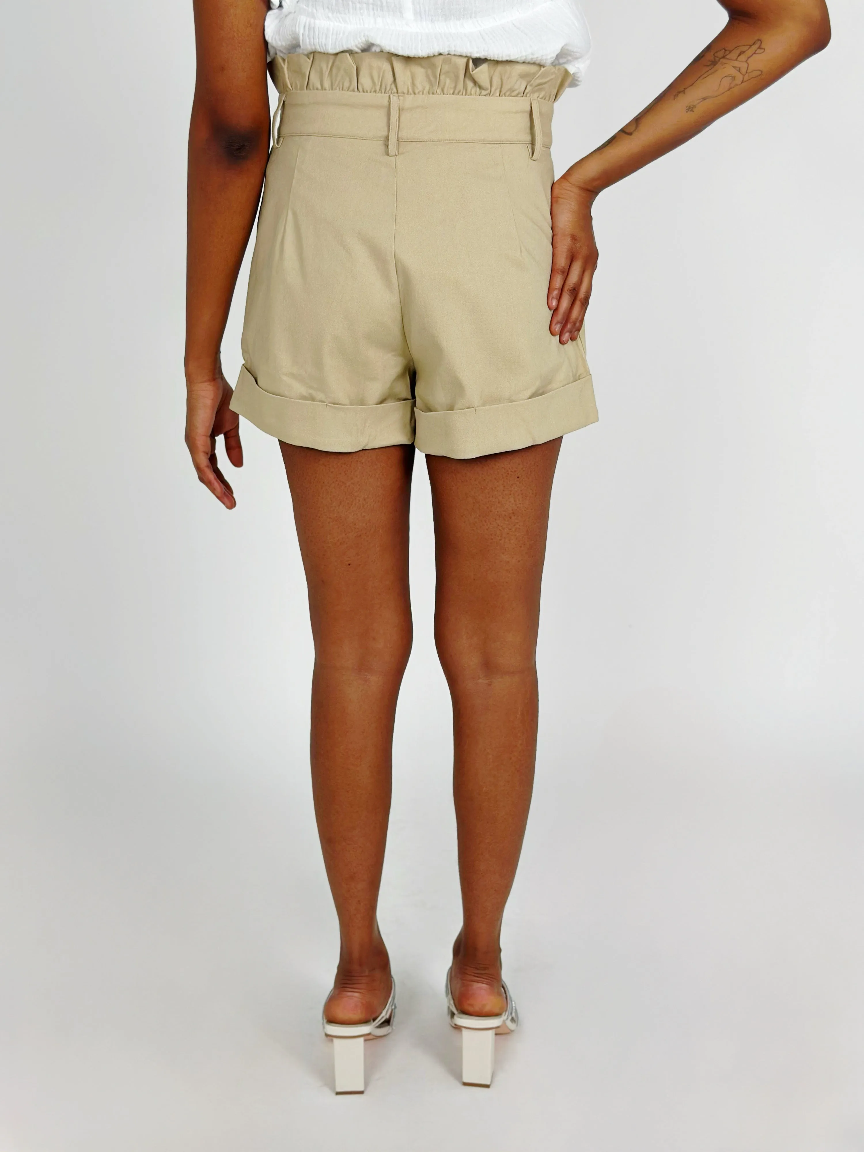 Beige High Ruffle Waist Shorts