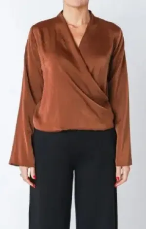 Black Tape Flared Sleeve Silky Wrap Top, Cognac
