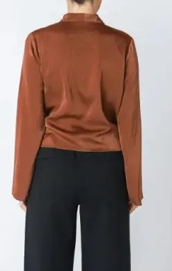 Black Tape Flared Sleeve Silky Wrap Top, Cognac
