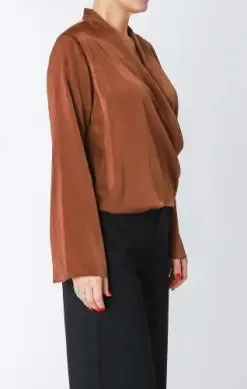 Black Tape Flared Sleeve Silky Wrap Top, Cognac