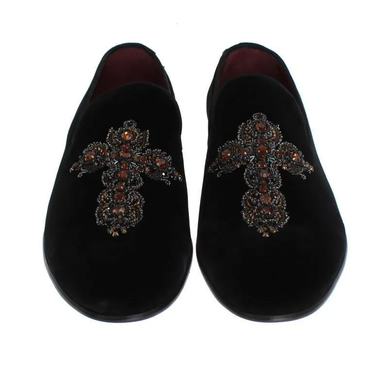Black Velvet Crystal Cross Loafers