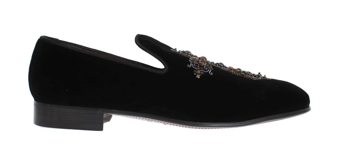 Black Velvet Crystal Cross Loafers