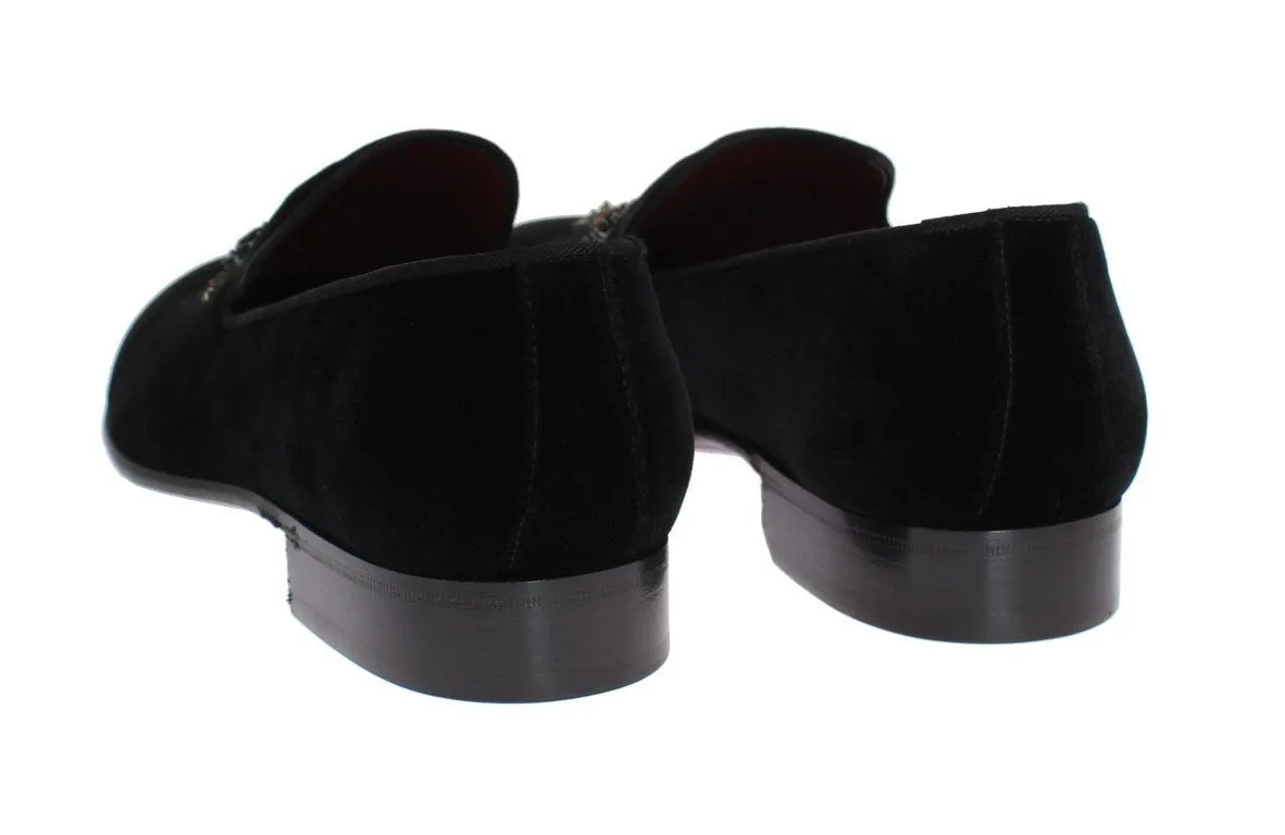 Black Velvet Crystal Cross Loafers