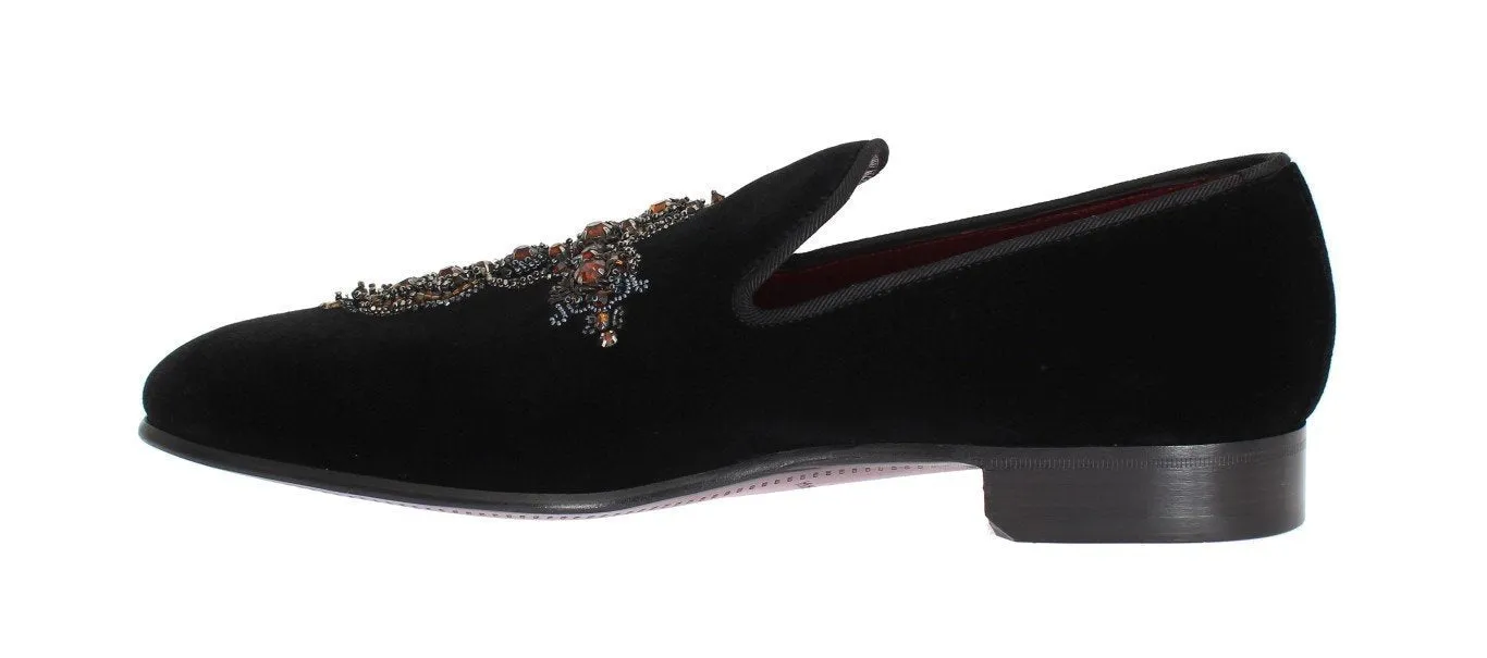 Black Velvet Crystal Cross Loafers