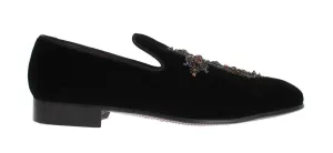Black Velvet Crystal Cross Loafers