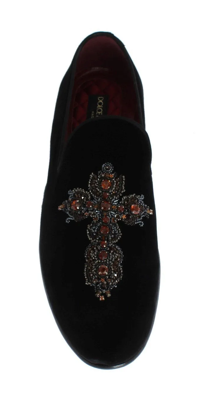 Black Velvet Crystal Cross Loafers