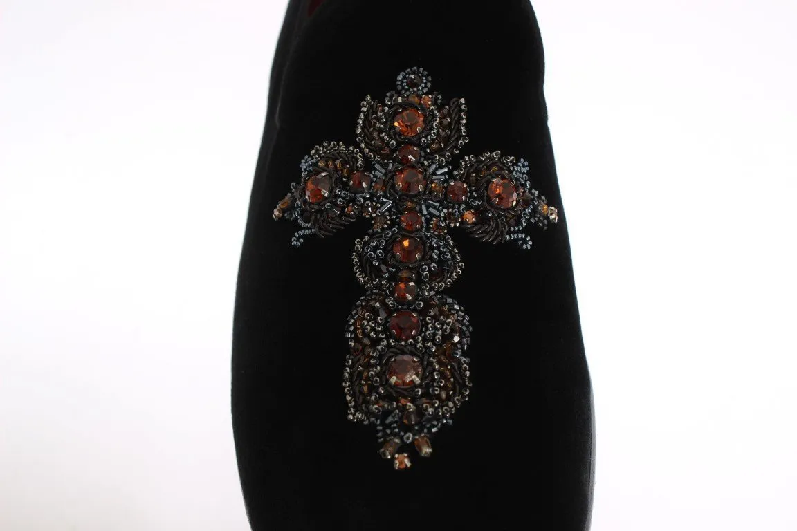 Black Velvet Crystal Cross Loafers