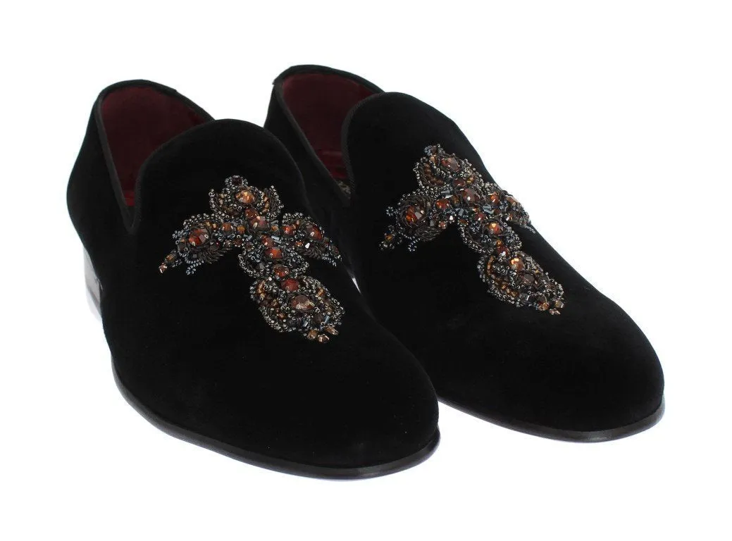 Black Velvet Crystal Cross Loafers