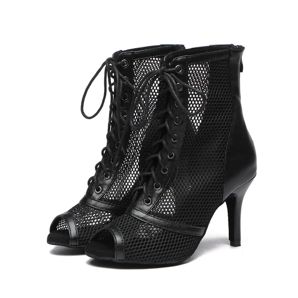 Black Women's Lace Up Mesh Dance Boots