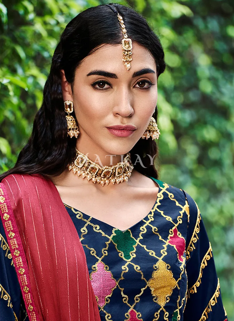 Blue And Maroon Multi Embroidery Silk Lehenga Choli