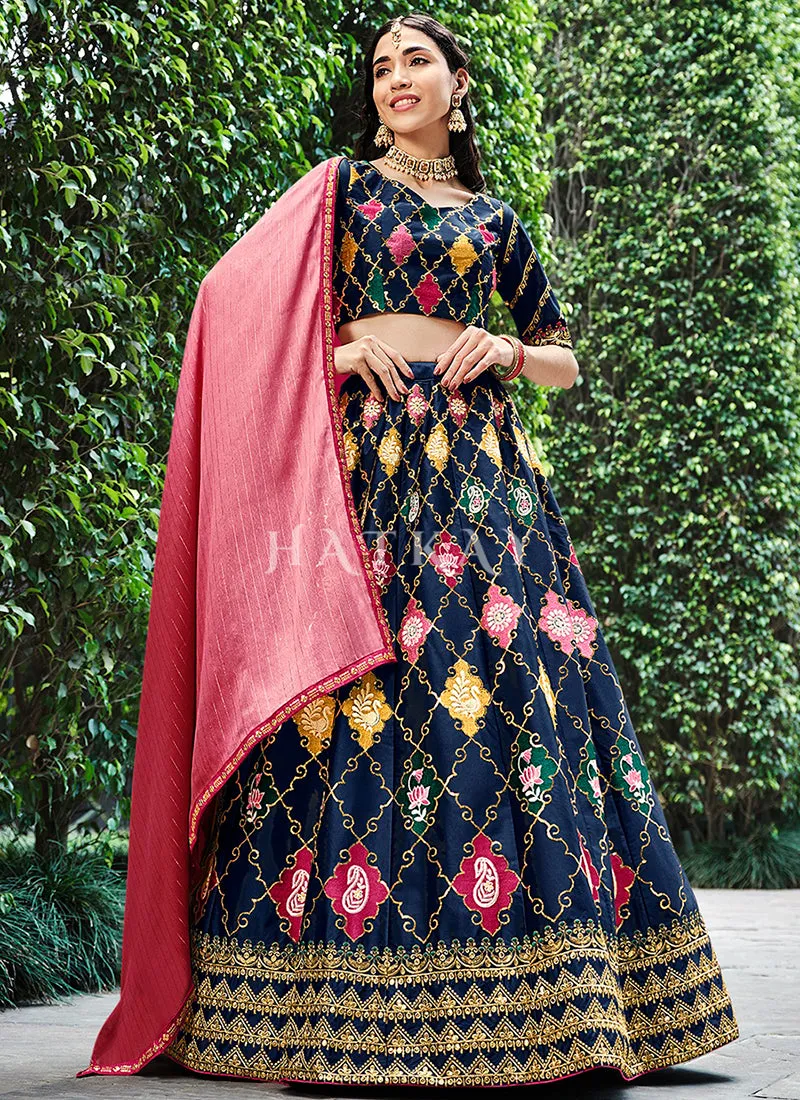 Blue And Maroon Multi Embroidery Silk Lehenga Choli