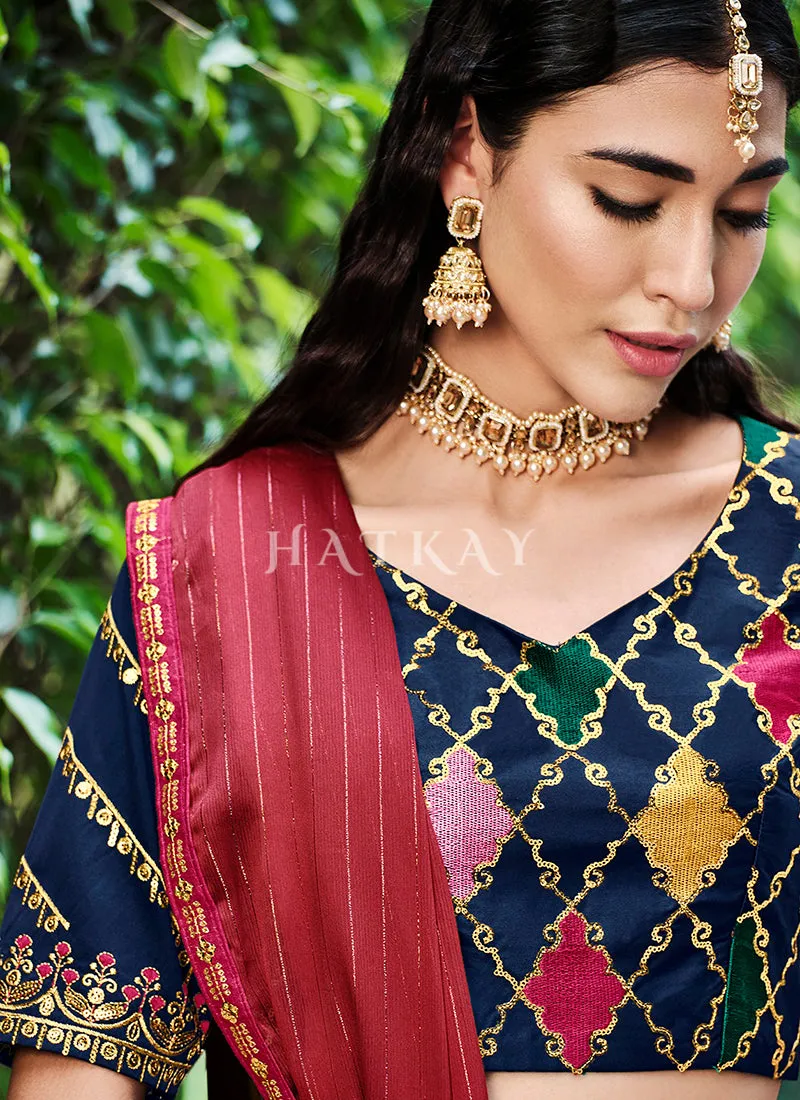 Blue And Maroon Multi Embroidery Silk Lehenga Choli