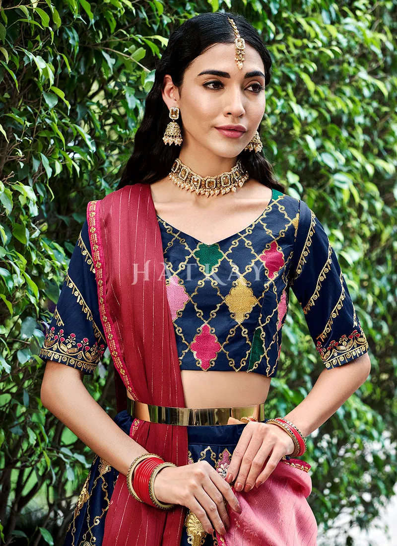 Blue And Maroon Multi Embroidery Silk Lehenga Choli