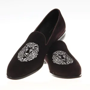Brown Embroidered Velvet Casual Loafers for Men