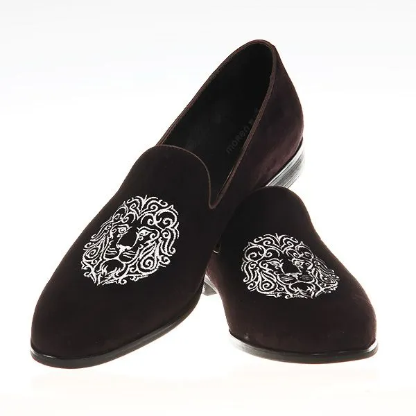 Brown Embroidered Velvet Casual Loafers for Men
