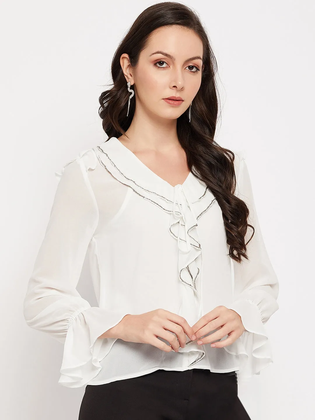 Camla Barcelona Ruffle Detailed White Striped Top
