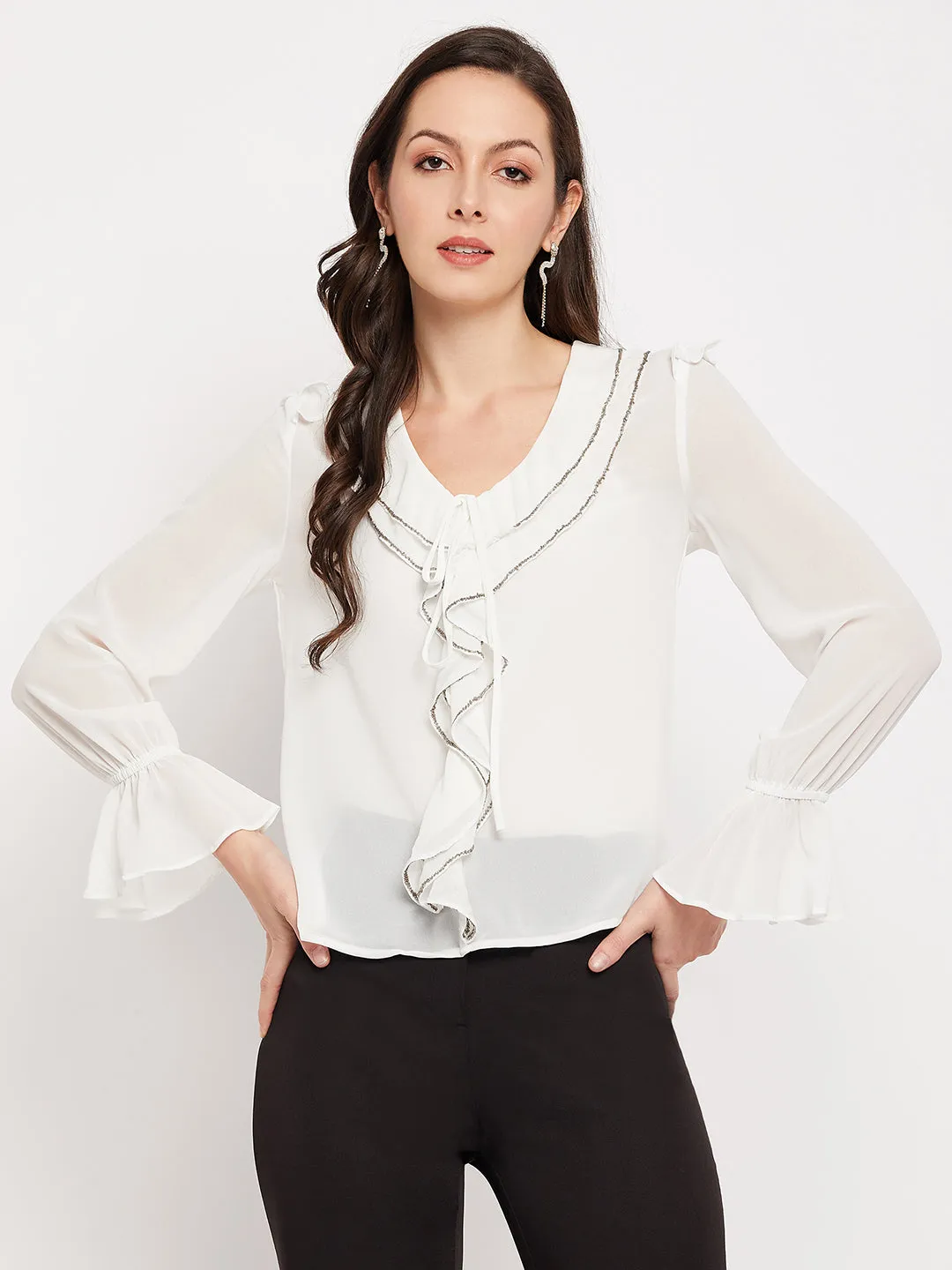 Camla Barcelona Ruffle Detailed White Striped Top
