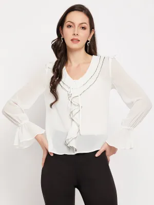 Camla Barcelona Ruffle Detailed White Striped Top