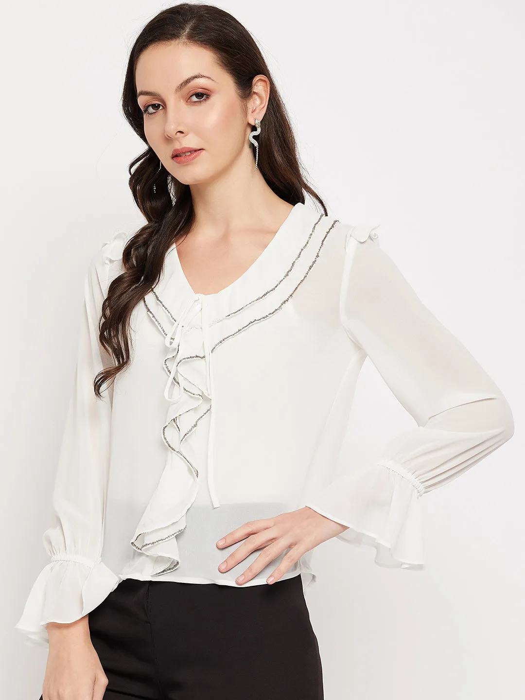Camla Barcelona Ruffle Detailed White Striped Top